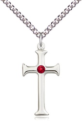 [6008SS-STN7/24SS] Sterling Silver Cross Pendant with a 3mm Ruby Swarovski stone on a 24 inch Sterling Silver Heavy Curb chain