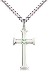 [6008SS-STN8/24SS] Sterling Silver Cross Pendant with a 3mm Peridot Swarovski stone on a 24 inch Sterling Silver Heavy Curb chain