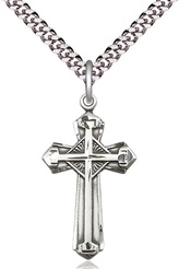 [6012SS/24S] Sterling Silver Cross Pendant on a 24 inch Light Rhodium Heavy Curb chain