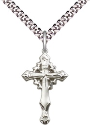 [6019SS/24S] Sterling Silver Cross Pendant on a 24 inch Light Rhodium Heavy Curb chain