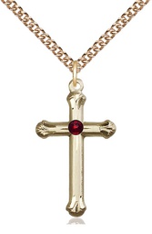 [6022GF-STN1/24GF] 14kt Gold Filled Cross Pendant with a 3mm Garnet Swarovski stone on a 24 inch Gold Filled Heavy Curb chain