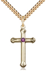 [6022GF-STN2/24G] 14kt Gold Filled Cross Pendant with a 3mm Amethyst Swarovski stone on a 24 inch Gold Plate Heavy Curb chain