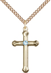 [6022GF-STN3/24GF] 14kt Gold Filled Cross Pendant with a 3mm Aqua Swarovski stone on a 24 inch Gold Filled Heavy Curb chain