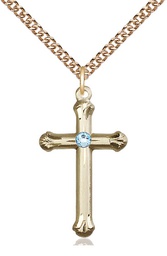 [6022GF-STN3/24GF] 14kt Gold Filled Cross Pendant with a 3mm Aqua Swarovski stone on a 24 inch Gold Filled Heavy Curb chain