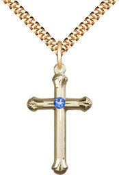 [6022GF-STN9/24G] 14kt Gold Filled Cross Pendant with a 3mm Sapphire Swarovski stone on a 24 inch Gold Plate Heavy Curb chain