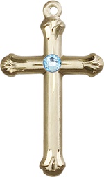 [6022KT-STN3] 14kt Gold Cross Medal with a 3mm Aqua Swarovski stone