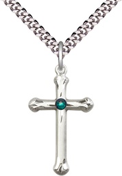 [6022SS-STN5/24S] Sterling Silver Cross Pendant with a 3mm Emerald Swarovski stone on a 24 inch Light Rhodium Heavy Curb chain