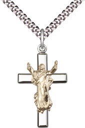 [6026GF/SS/24S] Two-Tone GF/SS Cross Pendant on a 24 inch Light Rhodium Heavy Curb chain