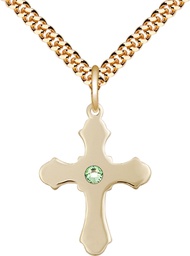 [6036GF1-STN8/24G] 14kt Gold Filled Cross Pendant with a 3mm Peridot Swarovski stone on a 24 inch Gold Plate Heavy Curb chain