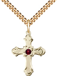 [6036GF2-STN1/24G] 14kt Gold Filled Cross Pendant with a 3mm Garnet Swarovski stone on a 24 inch Gold Plate Heavy Curb chain