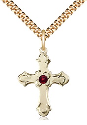 [6036GF2-STN1/24G] 14kt Gold Filled Cross Pendant with a 3mm Garnet Swarovski stone on a 24 inch Gold Plate Heavy Curb chain