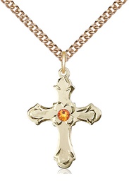 [6036GF2-STN11/24GF] 14kt Gold Filled Cross Pendant with a 3mm Topaz Swarovski stone on a 24 inch Gold Filled Heavy Curb chain