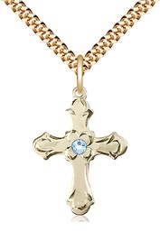 [6036GF2-STN3/24G] 14kt Gold Filled Cross Pendant with a 3mm Aqua Swarovski stone on a 24 inch Gold Plate Heavy Curb chain