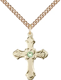 [6036GF2-STN8/24GF] 14kt Gold Filled Cross Pendant with a 3mm Peridot Swarovski stone on a 24 inch Gold Filled Heavy Curb chain