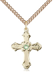 [6036GF2-STN8/24GF] 14kt Gold Filled Cross Pendant with a 3mm Peridot Swarovski stone on a 24 inch Gold Filled Heavy Curb chain