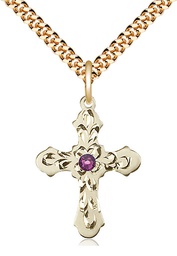 [6036GF3-STN2/24G] 14kt Gold Filled Cross Pendant with a 3mm Amethyst Swarovski stone on a 24 inch Gold Plate Heavy Curb chain