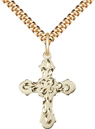 [6036GF3/24G] 14kt Gold Filled Cross Pendant on a 24 inch Gold Plate Heavy Curb chain