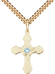 [6036GF4-STN3/24G] 14kt Gold Filled Cross Pendant with a 3mm Aqua Swarovski stone on a 24 inch Gold Plate Heavy Curb chain