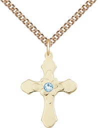 [6036GF4-STN3/24GF] 14kt Gold Filled Cross Pendant with a 3mm Aqua Swarovski stone on a 24 inch Gold Filled Heavy Curb chain