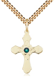 [6036GF4-STN5/24G] 14kt Gold Filled Cross Pendant with a 3mm Emerald Swarovski stone on a 24 inch Gold Plate Heavy Curb chain