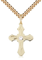 [6036GF5-STN4/24G] 14kt Gold Filled Cross Pendant with a 3mm Crystal Swarovski stone on a 24 inch Gold Plate Heavy Curb chain