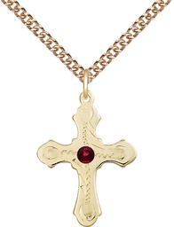 [6036GF6-STN1/24GF] 14kt Gold Filled Cross Pendant with a 3mm Garnet Swarovski stone on a 24 inch Gold Filled Heavy Curb chain