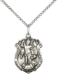 [5692SS/18SS] Sterling Silver Saint Michael the Archangel Shield Pendant on a 18 inch Sterling Silver Light Curb chain