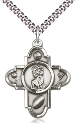 [5707SS/24S] Sterling Silver Sports 5-Way St Christopher Pendant on a 24 inch Light Rhodium Heavy Curb chain