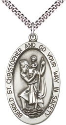 [5851SS/24S] Sterling Silver Saint Christopher Pendant on a 24 inch Light Rhodium Heavy Curb chain