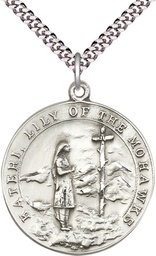 [5898SS/24S] Sterling Silver Saint Kateri Pendant on a 24 inch Light Rhodium Heavy Curb chain