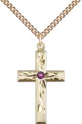 [5924GF-STN2/24GF] 14kt Gold Filled Cross Pendant with a 3mm Amethyst Swarovski stone on a 24 inch Gold Filled Heavy Curb chain