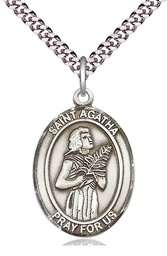 [7003SS/24S] Sterling Silver Saint Agatha Pendant on a 24 inch Light Rhodium Heavy Curb chain