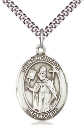 [7009SS/24S] Sterling Silver Saint Boniface Pendant on a 24 inch Light Rhodium Heavy Curb chain