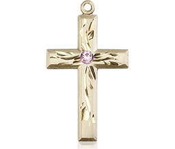 [5924KT-STN6] 14kt Gold Cross Medal with a 3mm Light Amethyst Swarovski stone