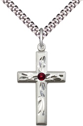 [5924SS-STN1/24S] Sterling Silver Cross Pendant with a 3mm Garnet Swarovski stone on a 24 inch Light Rhodium Heavy Curb chain