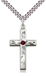 [5924SS-STN1/24S] Sterling Silver Cross Pendant with a 3mm Garnet Swarovski stone on a 24 inch Light Rhodium Heavy Curb chain