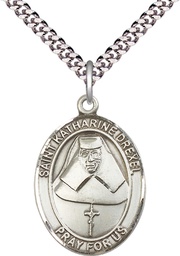 [7015SS/24S] Sterling Silver Saint Katharine Drexel Pendant on a 24 inch Light Rhodium Heavy Curb chain