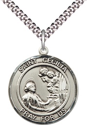 [7016RDSS/24S] Sterling Silver Saint Cecilia Pendant on a 24 inch Light Rhodium Heavy Curb chain