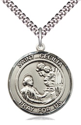 [7016RDSS/24S] Sterling Silver Saint Cecilia Pendant on a 24 inch Light Rhodium Heavy Curb chain