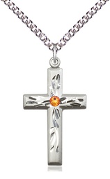 [5924SS-STN11/24SS] Sterling Silver Cross Pendant with a 3mm Topaz Swarovski stone on a 24 inch Sterling Silver Heavy Curb chain