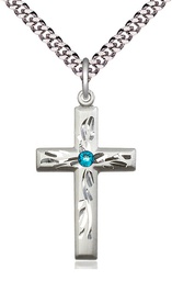 [5924SS-STN12/24S] Sterling Silver Cross Pendant with a 3mm Zircon Swarovski stone on a 24 inch Light Rhodium Heavy Curb chain