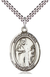 [7018SS/24S] Sterling Silver Saint Brendan the Navigator Pendant on a 24 inch Light Rhodium Heavy Curb chain