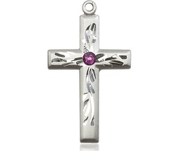 [5924SS-STN2] Sterling Silver Cross Medal with a 3mm Amethyst Swarovski stone