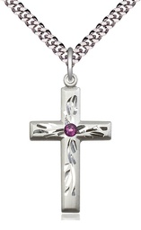 [5924SS-STN2/24S] Sterling Silver Cross Pendant with a 3mm Amethyst Swarovski stone on a 24 inch Light Rhodium Heavy Curb chain