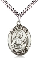 [7019SS/24S] Sterling Silver Saint Camillus of Lellis Pendant on a 24 inch Light Rhodium Heavy Curb chain