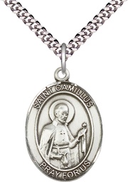 [7019SS/24S] Sterling Silver Saint Camillus of Lellis Pendant on a 24 inch Light Rhodium Heavy Curb chain