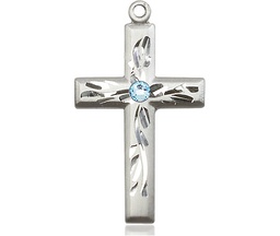 [5924SS-STN3] Sterling Silver Cross Medal with a 3mm Aqua Swarovski stone