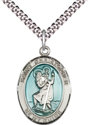 [7022ESS/24S] Sterling Silver Saint Christopher w/Epoxy Pendant on a 24 inch Light Rhodium Heavy Curb chain
