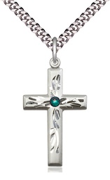 [5924SS-STN5/24S] Sterling Silver Cross Pendant with a 3mm Emerald Swarovski stone on a 24 inch Light Rhodium Heavy Curb chain