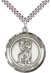 [7022RDSS/24S] Sterling Silver Saint Christopher Pendant on a 24 inch Light Rhodium Heavy Curb chain